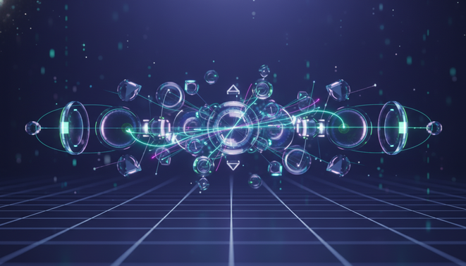 A modern network of connected geometric nodes representing a collaborative multi agent AI system