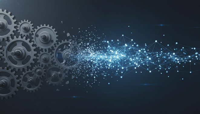 A professional visual of mechanical gears transitioning into a glowing digital neural network representing intelligence