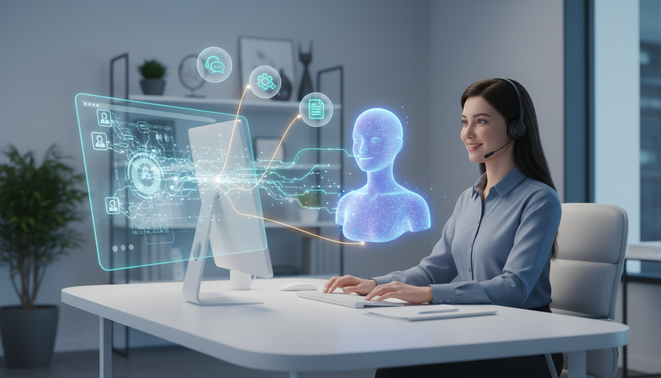 AI driven automation assisting customer support teams with digital interfaces and workflow icons.