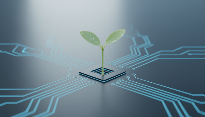 A minimalist and professional visual of a futuristic green seedling growing from a sleek, dark metallic circuit board.