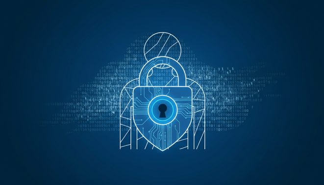 A digital padlock shielding a human silhouette from a stylized cloud of binary data, representing AI security.