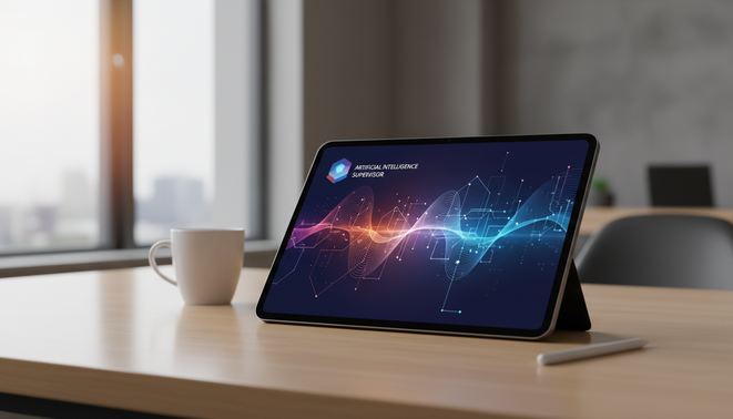 A minimalist digital AI supervisor interface on a tablet screen placed on a modern office desk.
