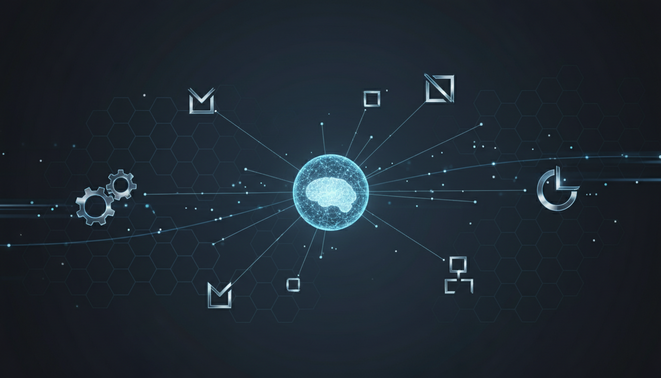 A minimalist and professional digital artwork representing an autonomous workflow. A central glowing neural node or digital brain is connected by thin, elegant light lines to various abstract business task symbols like sleek gears and geometric flowchart icons.