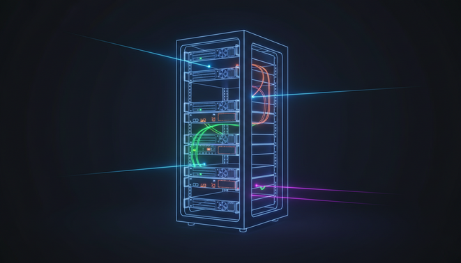 Glowing digital blueprint of a minimalist server rack being assembled by light beams