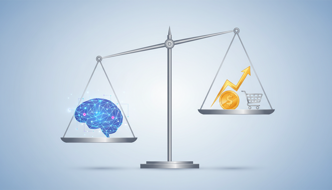 A balanced scale showing a digital brain and financial symbols