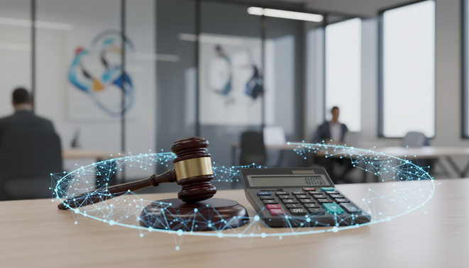 Professional workspace with legal and financial tools integrated with digital intelligence