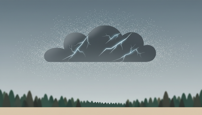 Abstract illustration of cloud seeding with metallic particles to suppress lightning and prevent wildfires