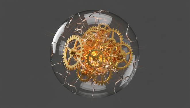 A glowing cluster of golden mechanical gears representing innovation breaking out of a thin translucent glass sphere symbolizing an AI wrapper.