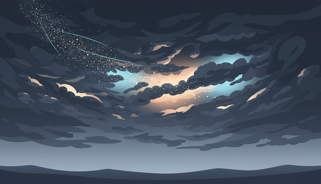 A stylized illustration of a cloud being dispersed with fine metallic particles to neutralize electrical charges and prevent lightning strikes.