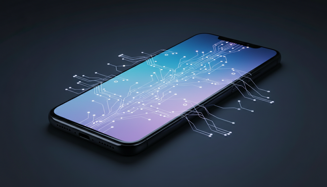 Smartphone glowing with blue and purple neural network connections representing silent artificial intelligence integration