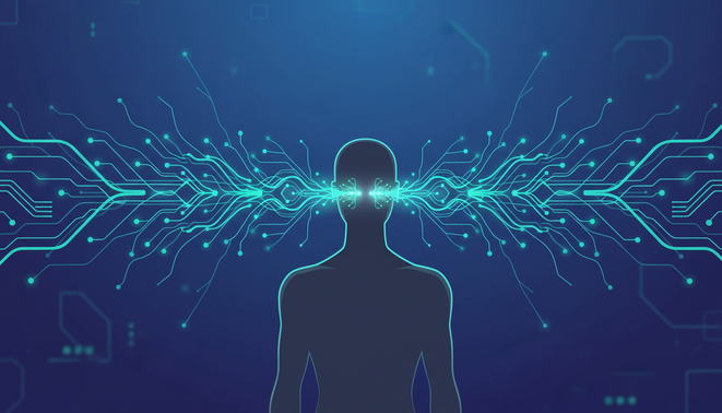 A minimalist humanoid robotic silhouette connected by abstract digital nodes and lines representing the fusion of open source software and autonomous agents