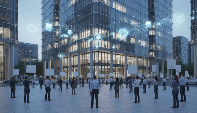 Diverse protesters standing before a modern tech headquarters with glowing digital AI nodes floating in the air symbolizing societal tension over artificial intelligence
