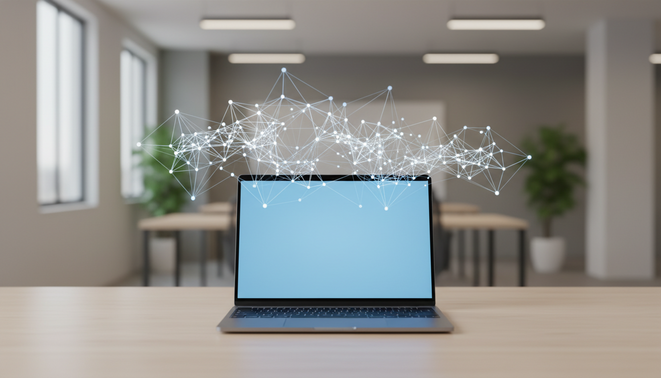 A minimalist modern digital workspace with a laptop and a glowing abstract AI node network