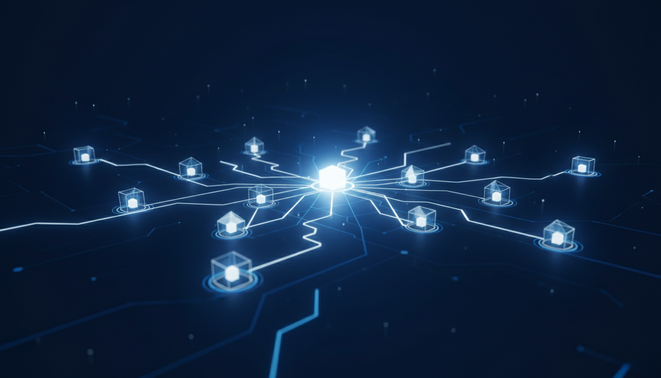 Stylized data center network with one glowing central node