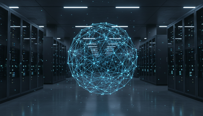 A minimalist glowing blue AI neural network node set against a clean dark corporate background