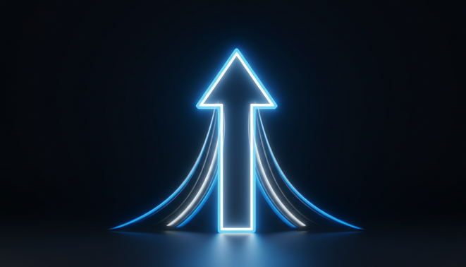 Sleek glowing digital arrow pointing upwards on a dark minimalist background representing tech growth.
