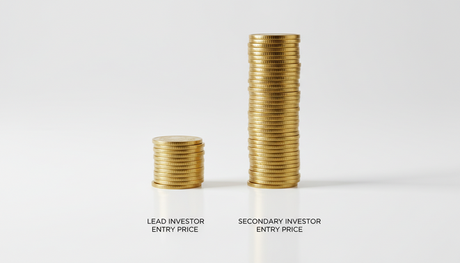 A minimalist conceptual image representing a two-tier equity valuation in business finance with two stacks of gold coins of different heights.