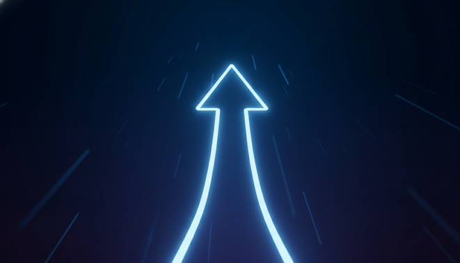 A minimalist and sleek digital upward arrow glowing with blue and white light against a dark professional background symbolizing rapid growth and high tech innovation