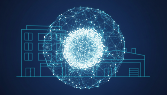 A clean and modern visual representation of AI Business Transformation, featuring a glowing neural node over a minimalist corporate building silhouette.