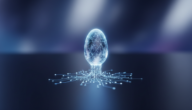 A minimalist digital illustration of a glowing digital seed growing from a dark surface, featuring subtle circuit pattern roots representing AI driven business growth.