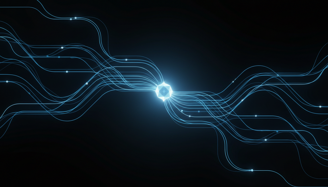 A minimalist glowing digital node representing a futuristic data driven supply chain network with clean geometric lines
