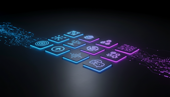 A minimalist glowing app icon grid on a dark background representing global digital growth and software deployment.