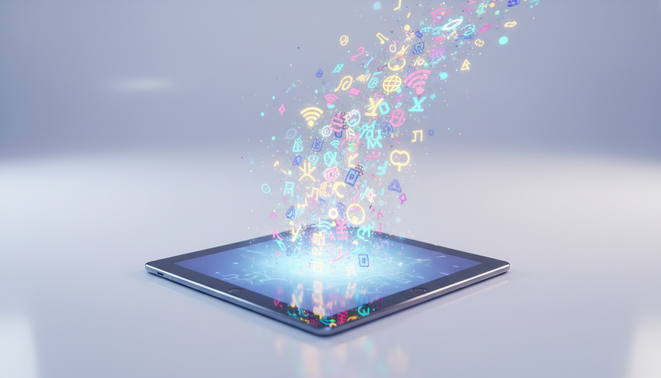 Digital book opening up to release a stream of global language symbols, representing AI publishing efficiency and multilingual reach.