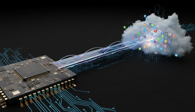A futuristic bridge connecting a microchip to a digital cloud of app icons symbolizing the transition from hardware to services.