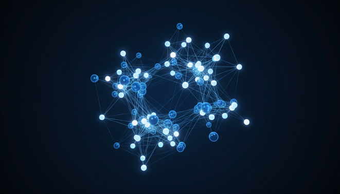 A minimalist network of interconnected blue and white nodes representing autonomous agents.