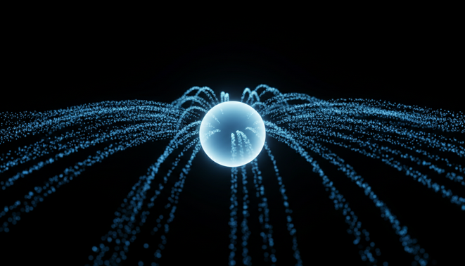 A sleek glowing sphere representing a central network node with soft blue light trails in a dark space