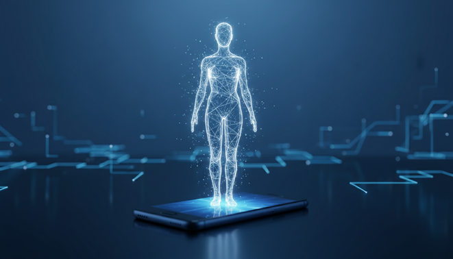 A futuristic digital consultant represented by a glowing minimalist holographic human silhouette emerging from a modern mobile device. The palette consists of deep blues and electric whites.