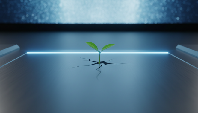 A green sprout growing through a metallic surface with a blue digital glow.