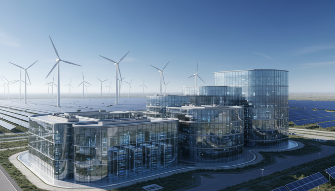 A futuristic data center building integrated with wind turbines and solar panels.