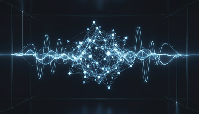 A high-tech digital visualization of a neural network with glowing blue nodes and flowing sound waves, representing real-time voice AI processing.