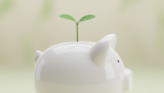 This image shows a small green plant growing from a white piggy bank because it represents financial growth