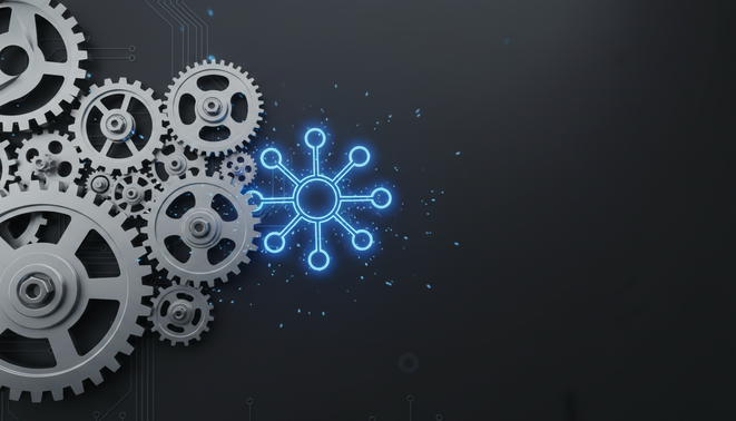 Hybrid workflow logic and artificial intelligence illustration