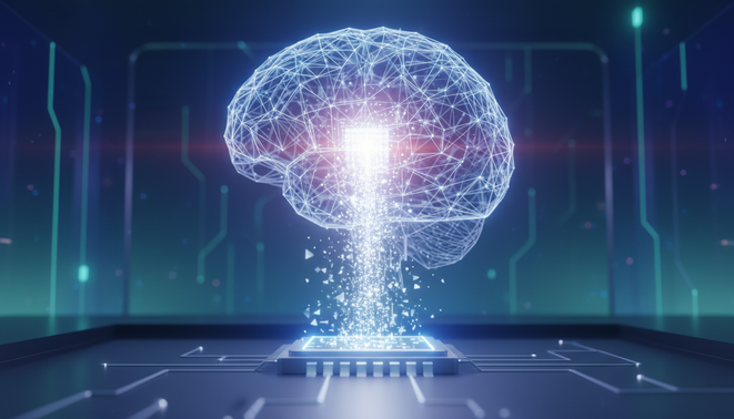 A stylized glowing microchip receiving a stream of data from a larger semi-transparent digital brain representing AI model distillation.