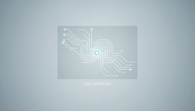 Minimalist digital art showing a central AI node orchestrating an organized network of connections and data paths