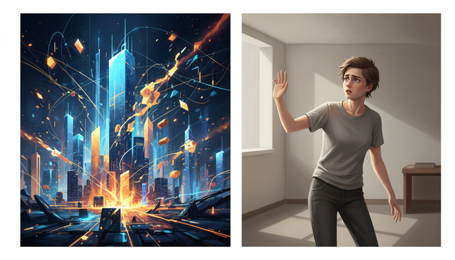 A conceptual split screen illustration showing a futuristic digital world on one side and a person looking cautious and confused on the other