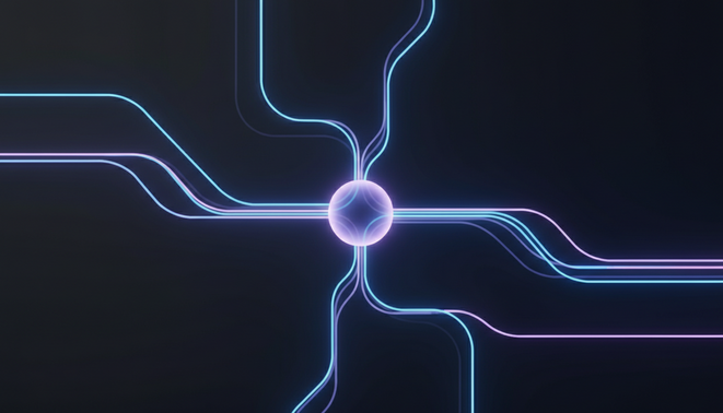 A minimalist and abstract digital representation of a glowing neural network node with streamlined data pipelines flowing through it. High tech clean aesthetic with soft neon blue and violet accents on a dark background. Minimalist AI efficiency concept without text or complex charts.