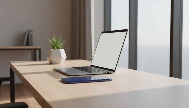 A sleek and professional office setting featuring a revitalized laptop and smartphone on a wooden desk, symbolizing the refurbished economy and circular tech renewal.