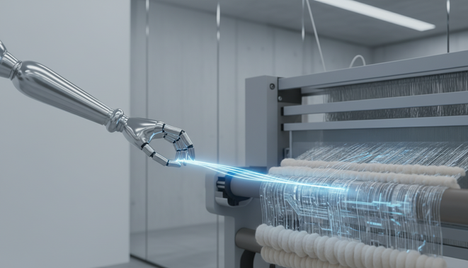 A sleek robotic arm weaving a glowing digital thread into a fine fabric symbolizing high tech automation and traditional craft.