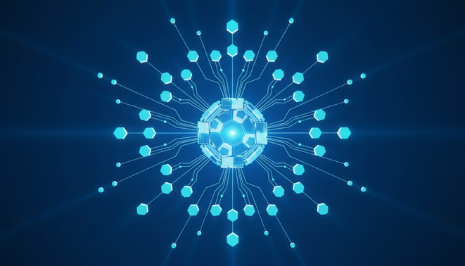 A stylized glowing data core with interconnected nodes representing a unified architecture for Enterprise AI Data Infrastructure.