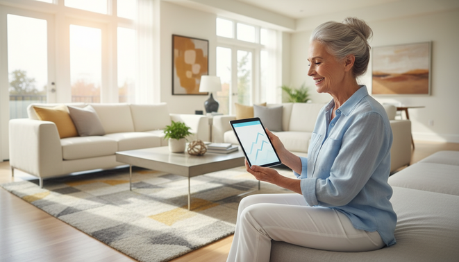 An active senior person using a sleek digital tablet in a bright modern home setting