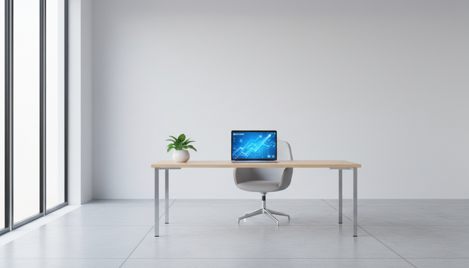 Modern office desk with glowing digital interface on laptop screen