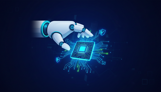 A sleek, professional symbolic illustration of software reliability and digital quality. A stylized white and blue robotic arm is delicately interacting with a glowing, intricate digital circuit board made of neon lines. The background is a deep navy blue, creating a high-tech and clean aesthetic. No text.