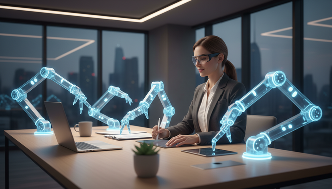 A solo entrepreneur at a desk with translucent robotic arms performing tasks