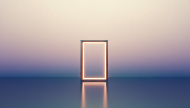 A minimalist digital landscape with a glowing rectangular frame representing the window of opportunity
