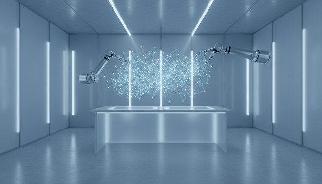 A minimalist laboratory with a robotic arm touching a glowing translucent network lattice representing data fabric