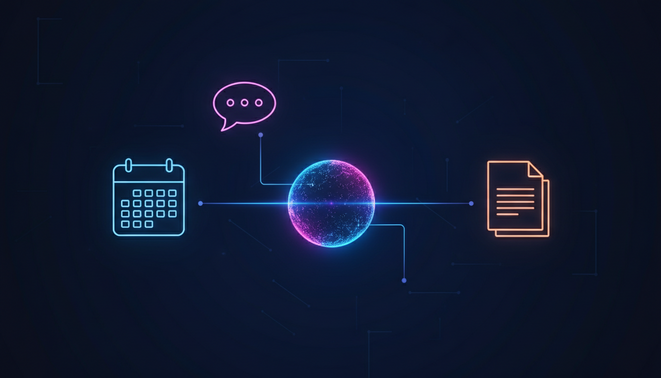 A glowing central digital hub radiating light beams that connect to minimalist business icons including a calendar a chat bubble and a document file